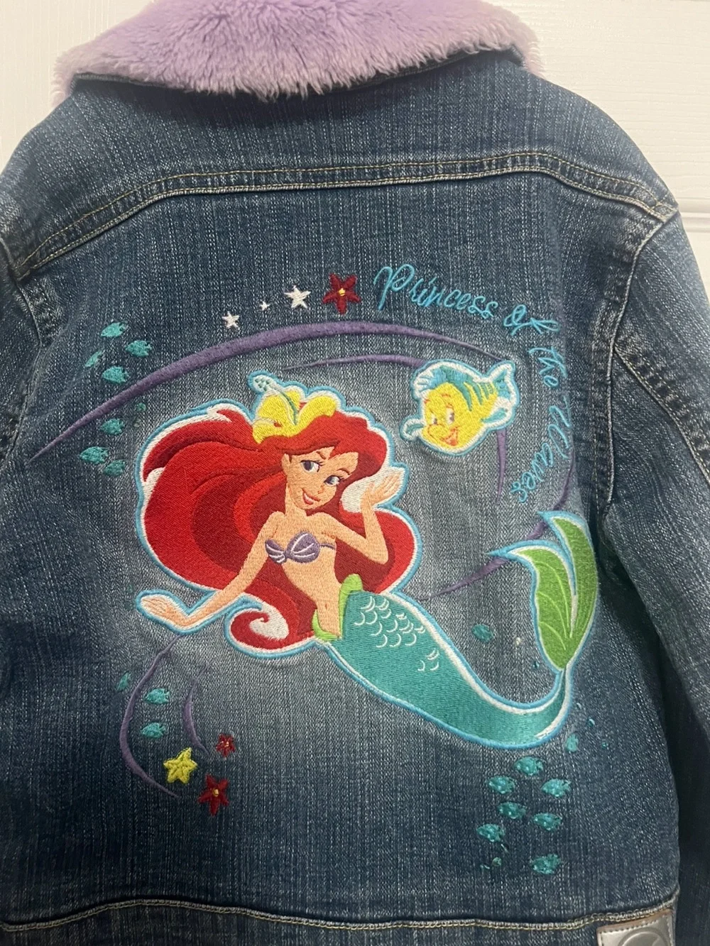 Vintage Denim Ariel Little Mermaid Embroidered Jacket with Faux Fur Collar
